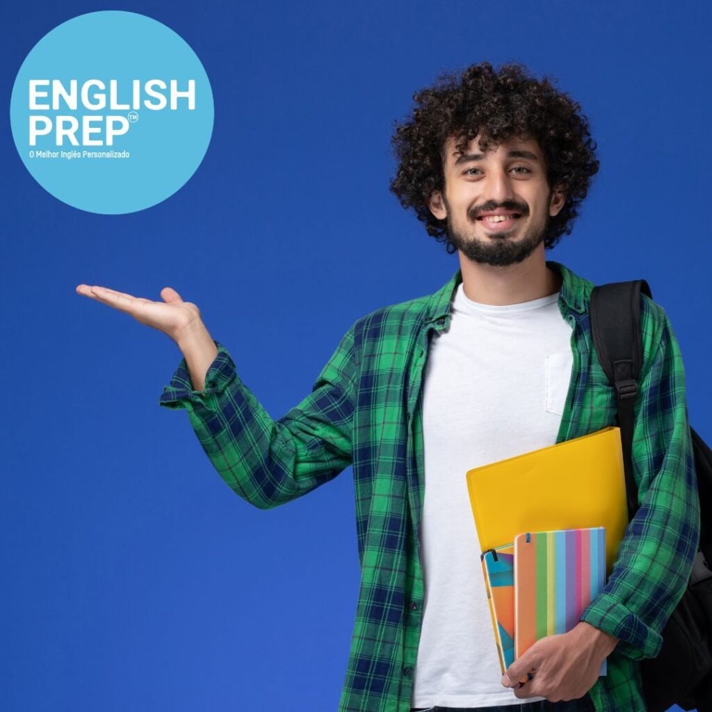 TOEFL student with books and backpack showing Englishprep logo 