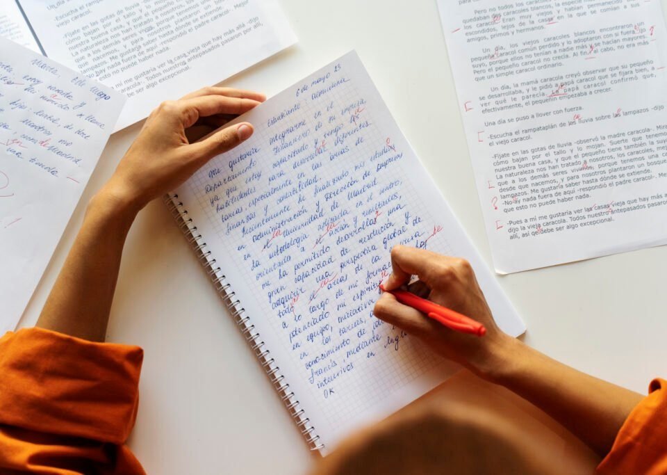 Student writing in notebook during an IELTS lesson