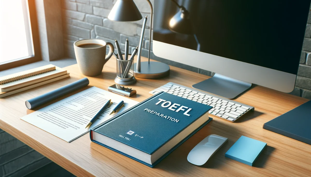 Stylish academic setting featuring a TOEFL preparation book on a wooden desk with modern computer, paper, pen, and coffee cup, highlighted by soft natural lighting, creating an ideal study environment for language learning.