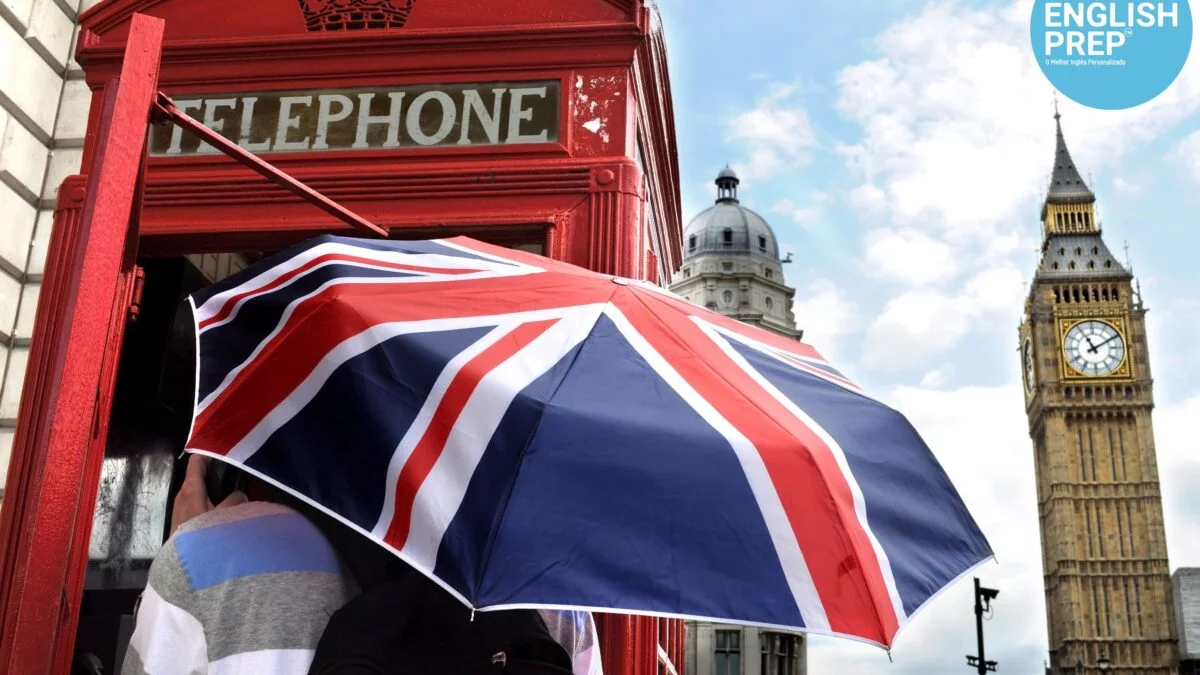 umbrella in London next to a classic telephone booth with the Big Ben behind it.