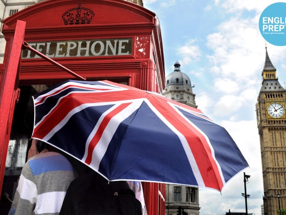 umbrella in London next to a classic telephone booth with the Big Ben behind it.