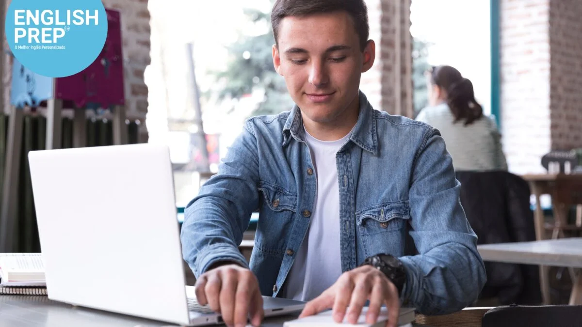 young student with laptop studying for the ielts test with englishprep
